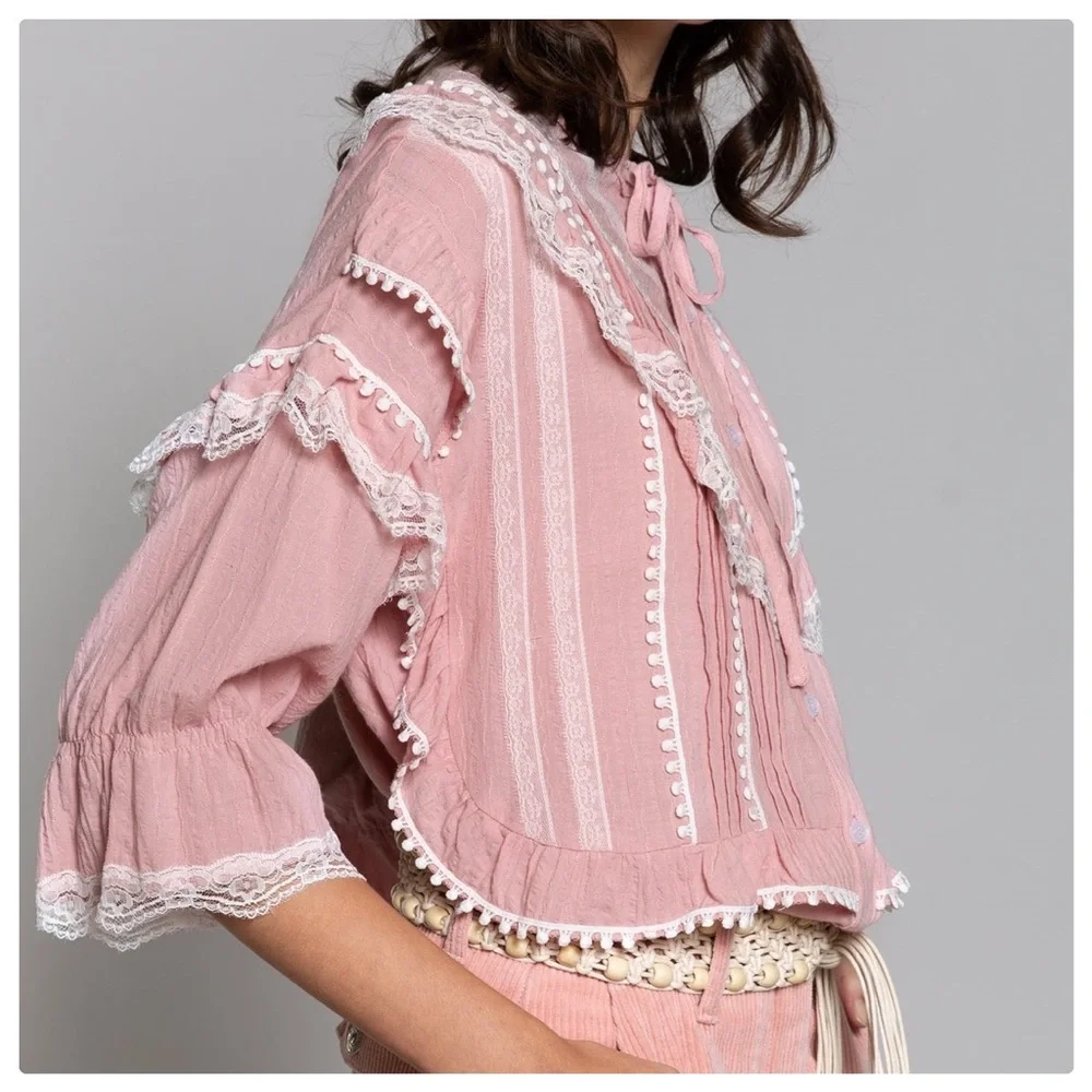 POL Malta Ruffles Pink Boxy Woven Lace Top - Picture 2 of 11